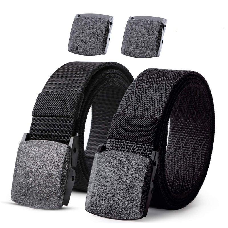JASGOOD Nylon Military Tactical Men Belt 2 Pack Webbing Canvas Outdoor Web Belt with Plastic Buckle, C-Black+Black, Fits Pant up to 45 Inch - Image 1